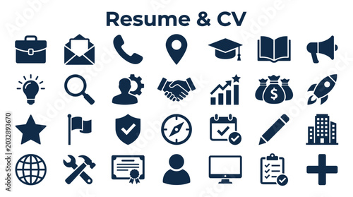Collection of Resume and CV icons representing job search, career development, and professional success, modern flat design.