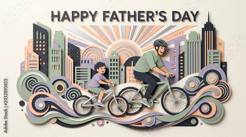 Retro Happy Fathers Day Typography with Urban Skyline Decorative Vintage Greeting Illustration