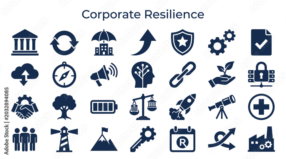 Fototapeta premium Corporate resilience concept icons set showing business strength adaptability and recovery strategies for company stability and growth