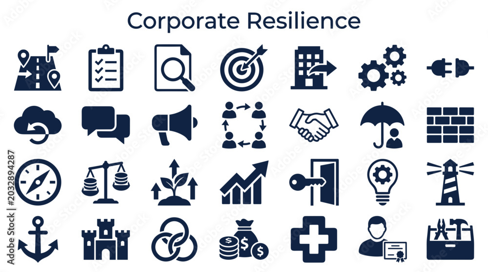 Fototapeta premium Corporate resilience concept with icons representing strategy planning risk management teamwork adaptability and success in business