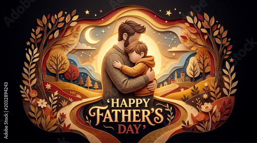 Warm Father and Daughter Moonlight Illustration Happy Fathers Day Fantasy Greeting Background
