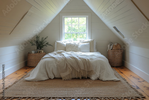 Bed by window in a white bedroom.