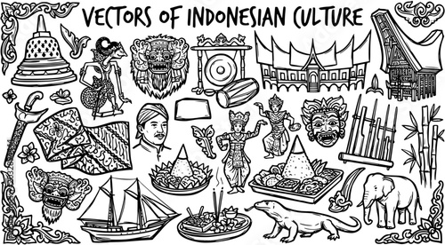 Hand-Drawn Black and White Line Art Vector Set of Indonesian Culture Icons, Traditional Symbols, Landmarks, Art, Food, and Animals.