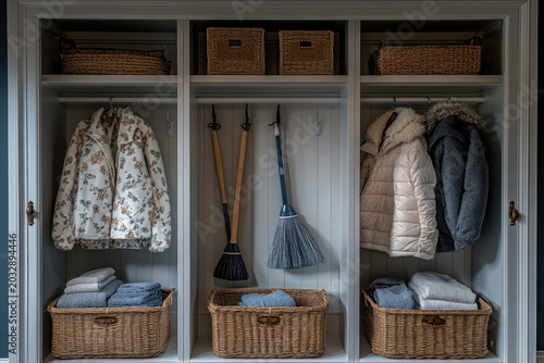 Clothes hanging on white closet with baskets.