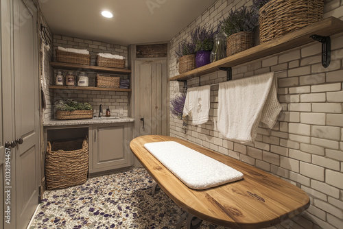 Wooden bench and shelves in bathroom.