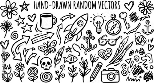 Hand-Drawn Random Vectors. Creative Black and White Line Art Doodle Elements Collection for Art and Design Projects.