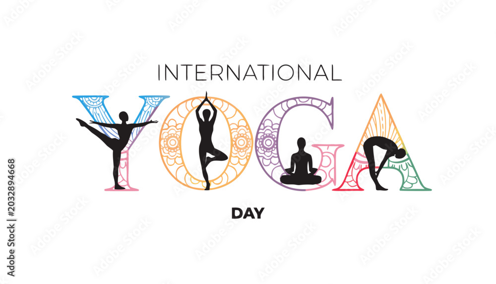 Fototapeta premium International yoga day colorful illustration with yoga poses in letters