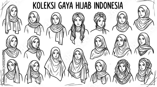 Tableau sur toile Indonesian Hijab Fashion Styles Collection - Black and White Line Art Vector