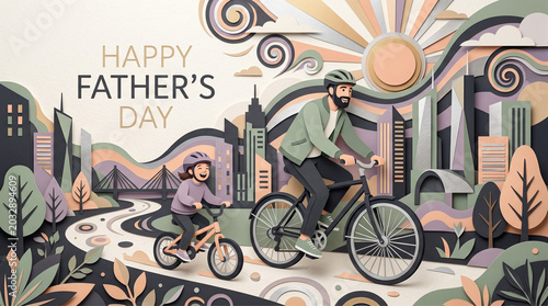Retro Happy Fathers Day Typography with Urban Skyline Decorative Vintage Greeting Illustration