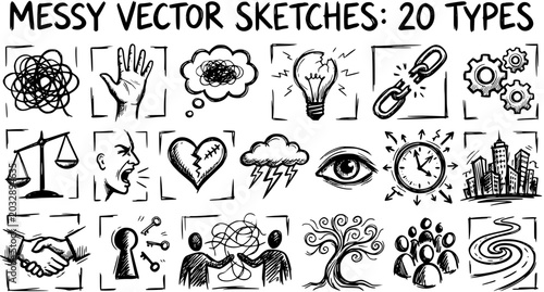Messy Hand-drawn Vector Sketch Icons Set of 20 Diverse Concepts. Black and White Doodle Symbols for Business, Abstract Ideas, Communication, Problem Solving, Growth.