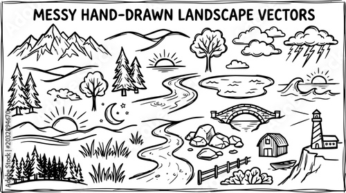 Messy Hand-Drawn Landscape Vectors: Mountains, Rivers, Trees, Sun, Moon, Clouds, Lighthouse, Bridge