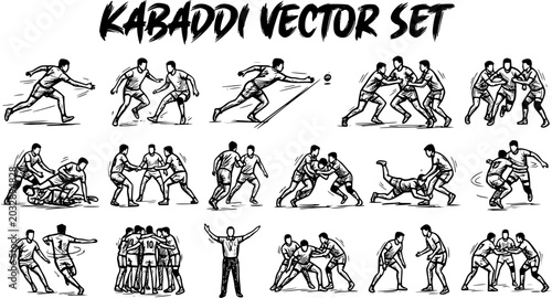Kabaddi Sport Vector Set: Action Poses, Players, Game Scenes - Black and White Line Art