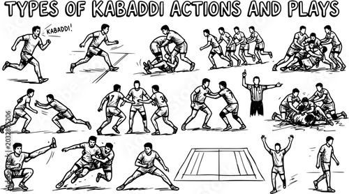 Black and White Line Art Illustration of Kabaddi Actions and Plays, Sports Competition