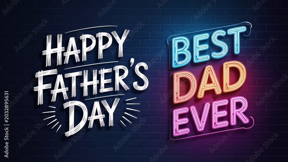 Fototapeta premium A colorful neon sign on a brick wall celebrating Father's Day with a happy message