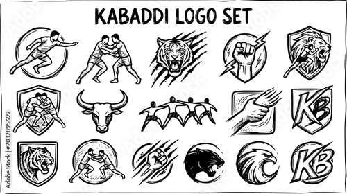 Kabaddi Logo Set: Black and White Line Art Sketch Vector Collection. Sports Emblems with Players, Animal Mascots (Tiger, Lion, Bull), and Strength Symbols for Teams.