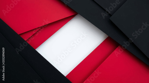 Vibrant red white and black folded paper design elements overlap