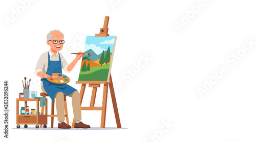 An elderly male artist painting a landscape on a canvas using a wooden easel.