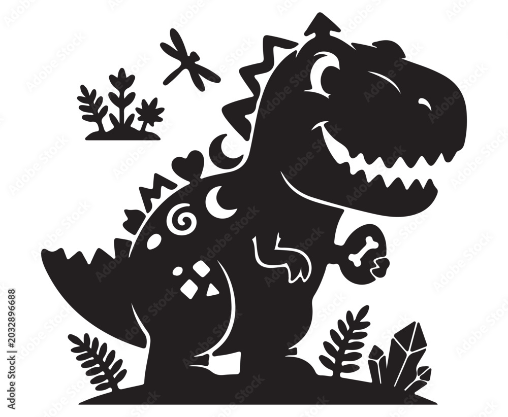 Fototapeta premium Cute Dinosaur Silhouette with Bone and Plants