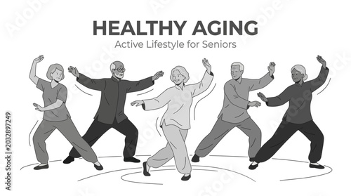 Group of elderly people practicing Tai Chi for healthy aging and active lifestyle.