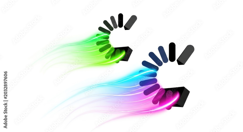 Obraz premium Abstract Digital Hands with Colorful Light Trails on White Background.