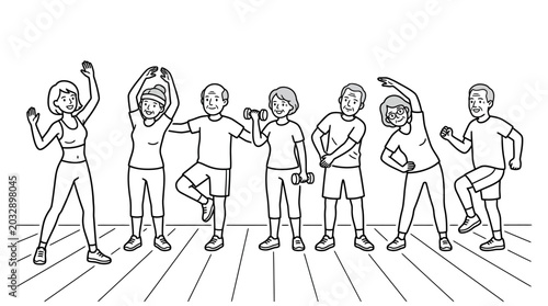 A group of diverse seniors participating in a guided fitness exercise class.