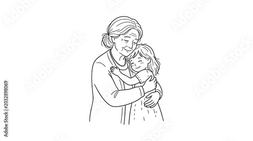 Bild auf Leinwand A heartwarming line art illustration of an elderly grandmother tenderly embracing her young granddaughter