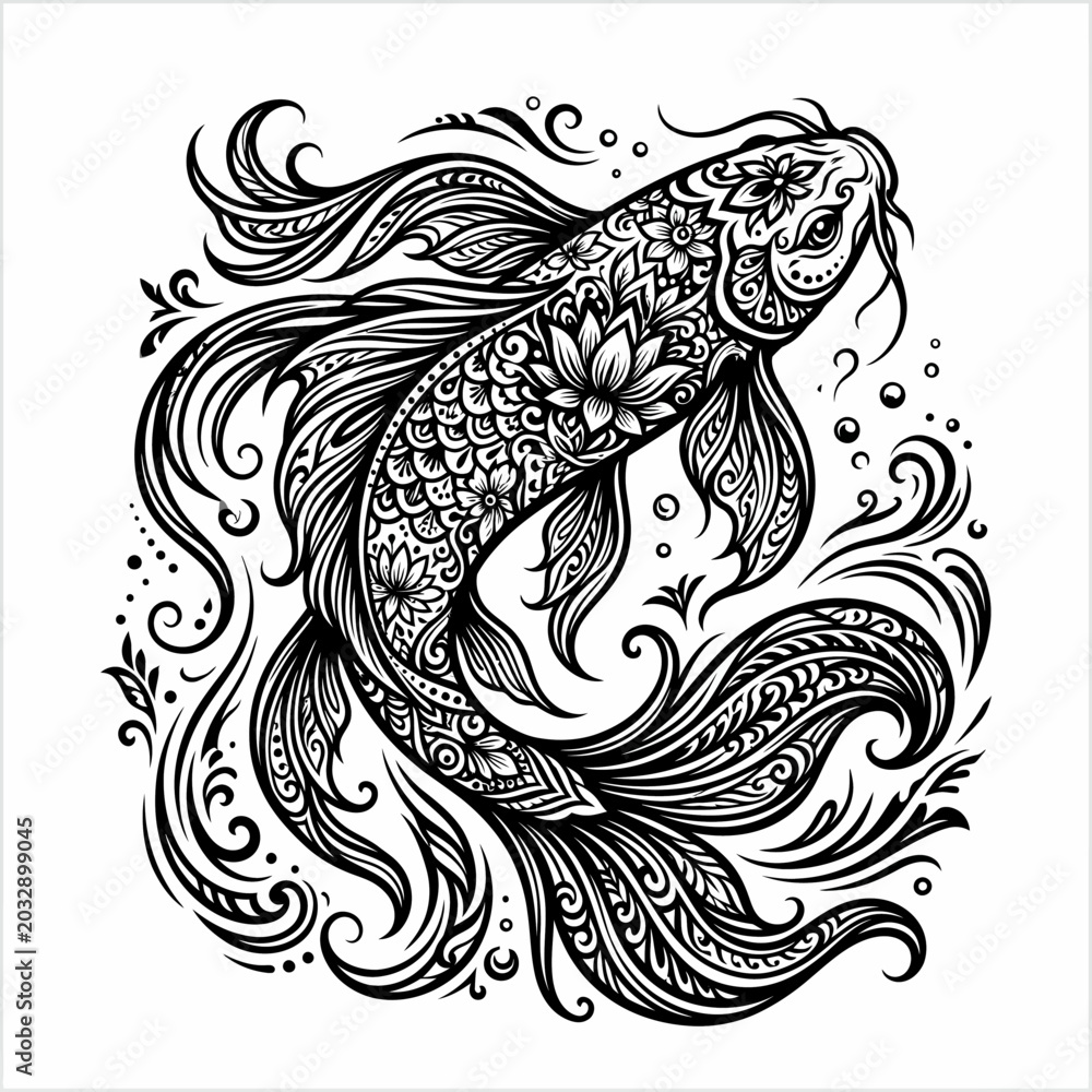 Obraz premium An ornamental fish swims in water with a lotus flower and decorative waves.