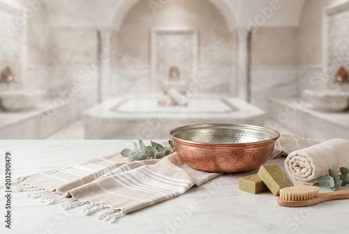 Traditional Turkish hammam spa still life with copper bath bowl, peshtemal towel and natural soap on marble