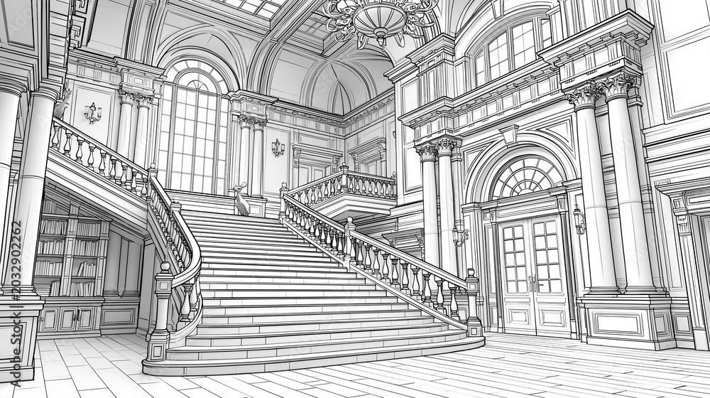 Fototapeta premium Grand Classic Interior with Sweeping Staircase Line Art, Detailed black and white line drawing of a luxurious and grand interior space featuring a wide, sweeping staircase, classical columns, and