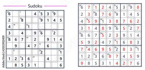 Foto Two Sudoku puzzles with solved and unsolved grids