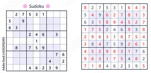 Foto Sudoku puzzle with numbered grid and solution on white background
