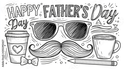 Happy Father's Day Coloring Page Outline, Black and white line art illustration for Father's Day, featuring text 'HAPPY FATHER'S Day', sunglasses, mustache, bow tie, coffee cup with heart, pencil,