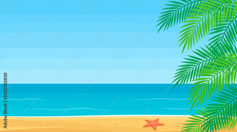 Fototapeta premium Minimalist tropical beach background with palm leaves and starfish summer vector illustration. 
