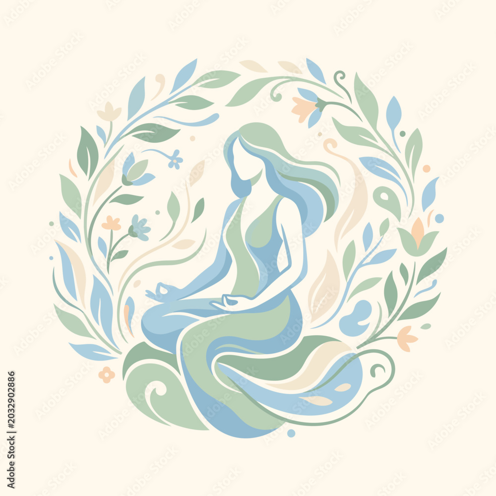 Fototapeta premium Abstract woman sitting in peaceful meditation with floral botanical wreath vector illustration. 