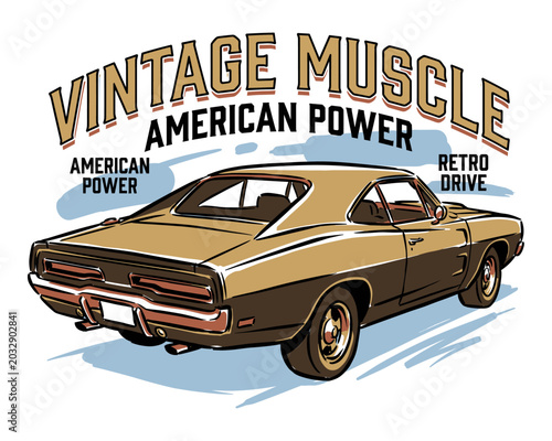 Vintage muscle car design.. American power artwork.. Retro drive graphic.. Classic auto print.. Fast wheels challenge.