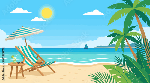 Tropical beach summer vacation concept with lounge chair umbrella and palm trees vector illustration.

