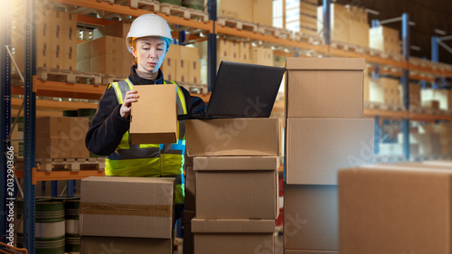 Tableau sur toile Warehouse worker checks parcels with laptop, stock control and order fulfillment