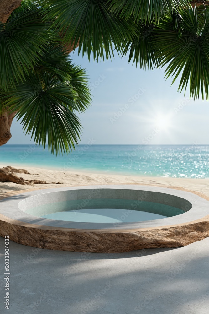 Fototapeta premium Circular stone plunge pool set on beach under palm trees