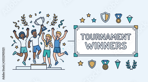 Group of diverse athletes celebrating victory on a winners podium with a trophy.