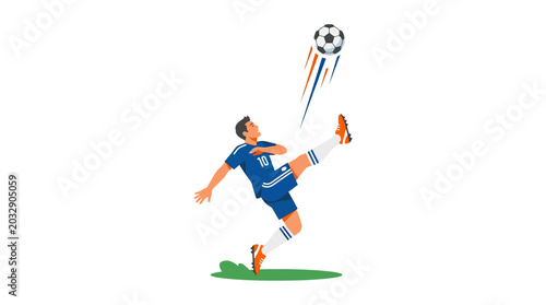 A professional soccer player performing a dynamic bicycle kick with a soccer ball.