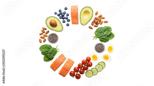 Healthy keto diet food circle with fresh salmon, avocado and spinach. Nutritious superfood ingredients for ketogenic meal planning and balanced nutrition. isolated PNG with Transparent Background