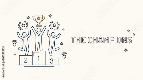 Hand drawn illustration of three winners standing on a podium with a trophy.