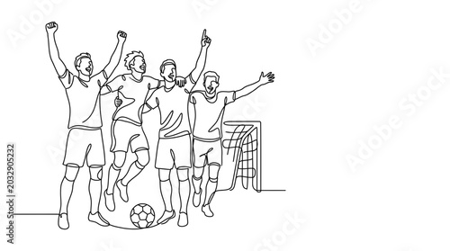 Photos Continuous line drawing of a group of soccer players celebrating a goal
