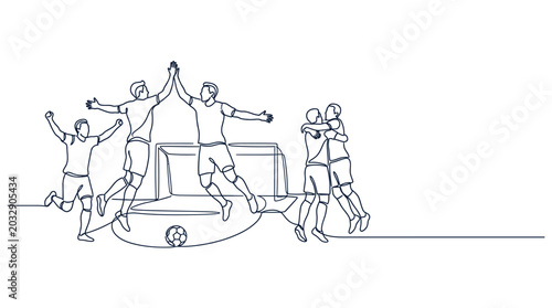 Fotografie Continuous line drawing of a soccer team celebrating a goal on the field