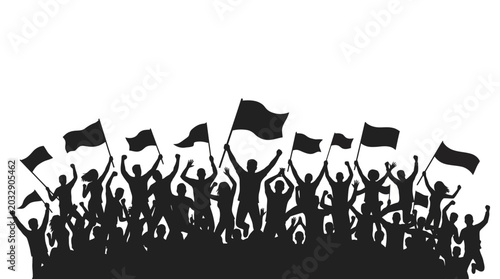 Bilde på lerret A silhouette illustration of a large cheering crowd holding flags