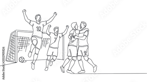 Tableau sur toile Continuous line drawing of a soccer team celebrating a goal.