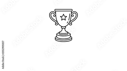 A simple black and white line art illustration of a classic trophy cup with a star icon.