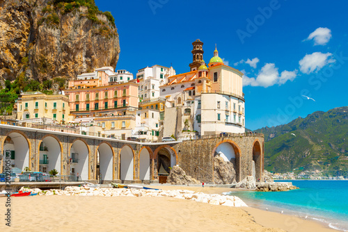 Photography Morning view of Amalfi cityscape on coast line of mediterranean sea, Italy
