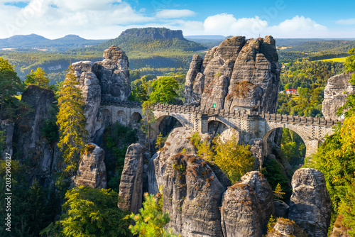 Panorama view of the Bastei. The Bastei is a famous rock formation in Saxon Switzerland National Park, Germany