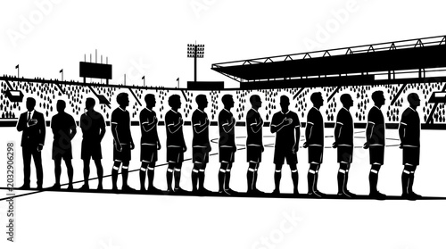 Fotografía A silhouette illustration of a professional soccer team standing in a line on the pitch